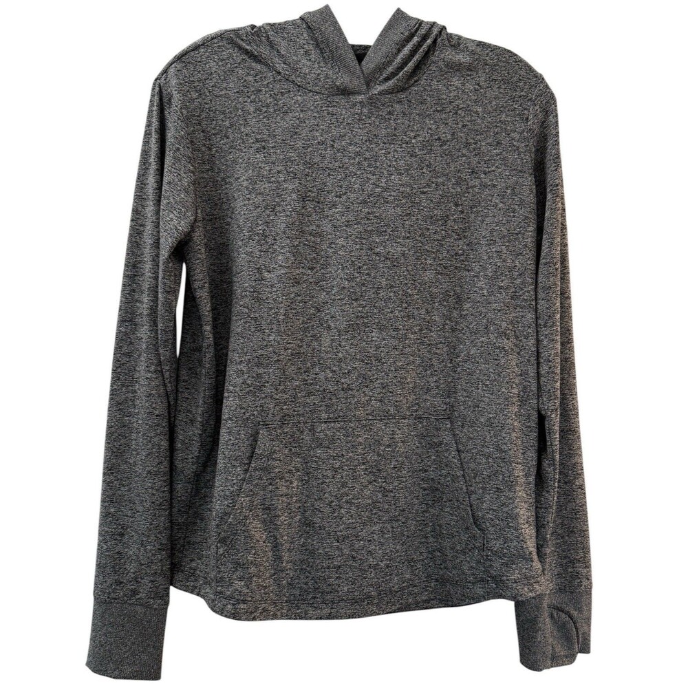Athleta Girl Uptempo Hooded Top Shirt XXL 16 Gray Black Thumbholes Long Sleeve